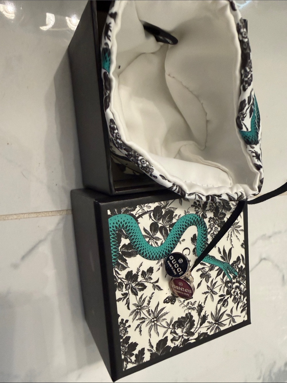 Gucci Earring with White Pouch with Teal Snake and Black Floral Accents